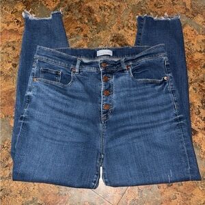 LOFT Dark Blue High-Rise Button-Fly Jeans with Raw Hem